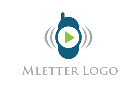 play button inside cell phone with communication signals logo