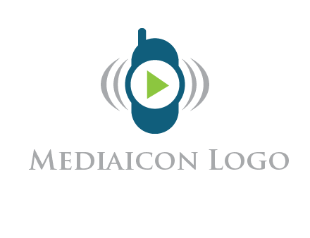 play button inside cell phone with communication signals logo