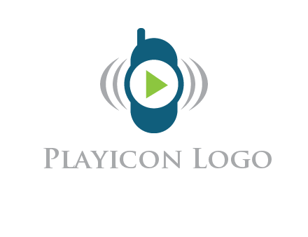 play button inside cell phone with communication signals logo