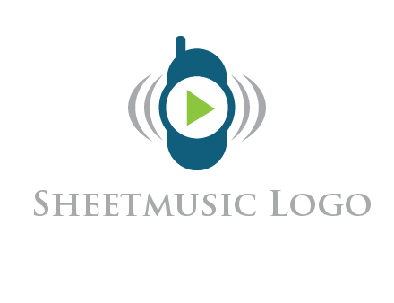 play button inside cell phone with communication signals logo