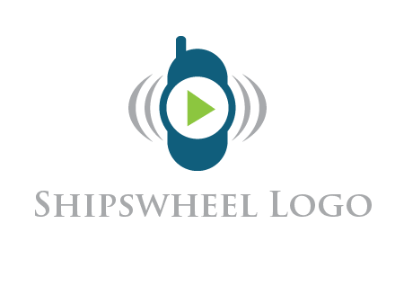play button inside cell phone with communication signals logo