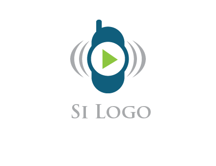 play button inside cell phone with communication signals logo