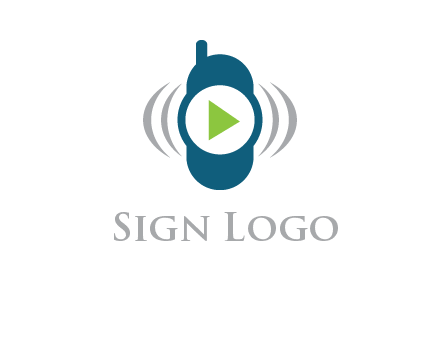 play button inside cell phone with communication signals logo