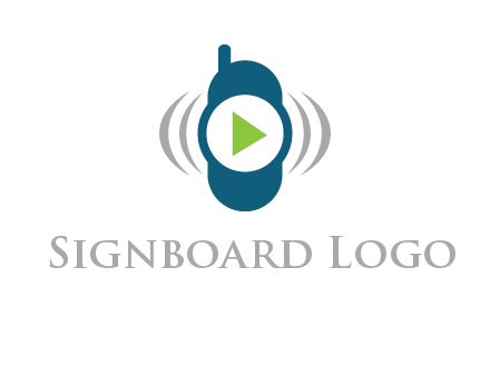 play button inside cell phone with communication signals logo