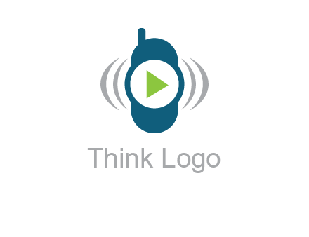 play button inside cell phone with communication signals logo