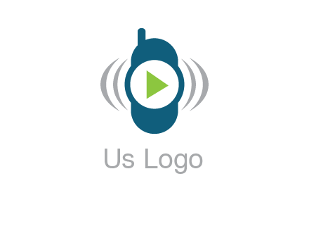 play button inside cell phone with communication signals logo