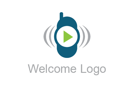 play button inside cell phone with communication signals logo