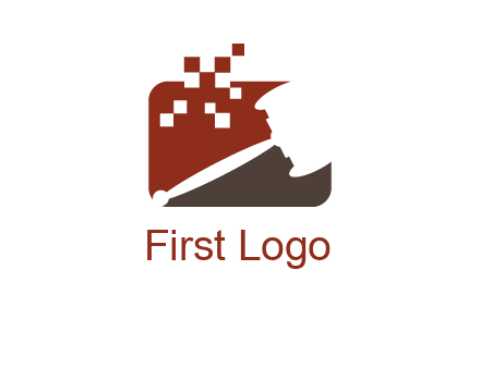 gavel inside the rectangle shape with pixels logo