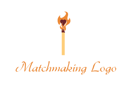 heart inside the abstract fire with match stick logo