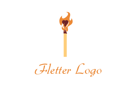 heart inside the abstract fire with match stick logo