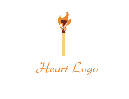 heart inside the abstract fire with match stick logo