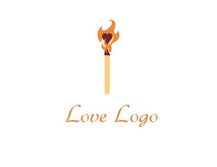 heart inside the abstract fire with match stick logo