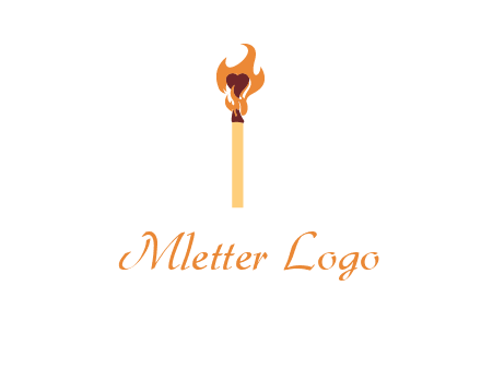 heart inside the abstract fire with match stick logo
