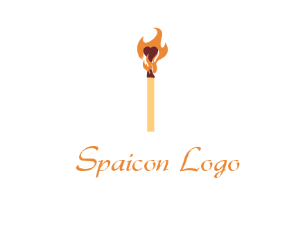 heart inside the abstract fire with match stick logo
