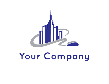 swoosh around the buildings with mouse logo