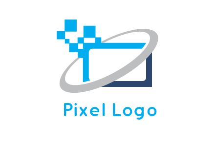 swoosh around the monitor with pixels logo