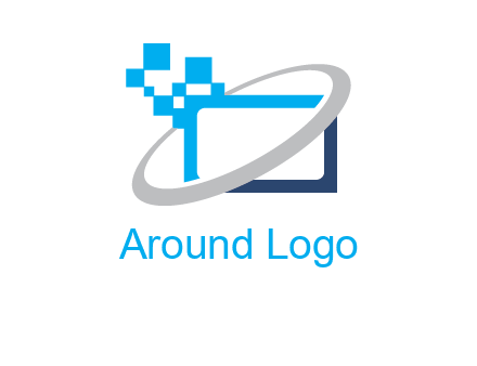 swoosh around the monitor with pixels logo