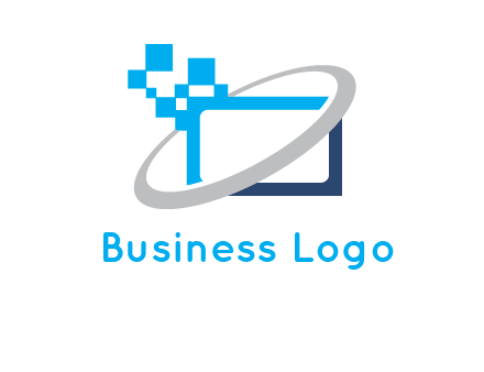 swoosh around the monitor with pixels logo