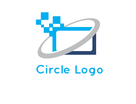 swoosh around the monitor with pixels logo