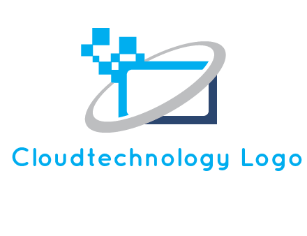 swoosh around the monitor with pixels logo