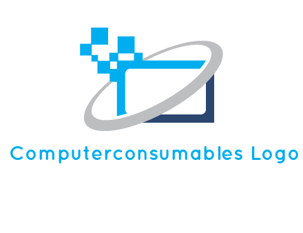 swoosh around the monitor with pixels logo