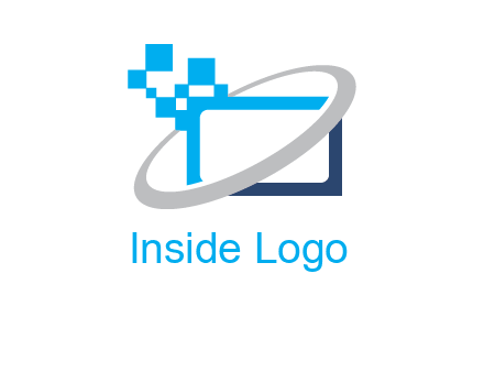 swoosh around the monitor with pixels logo
