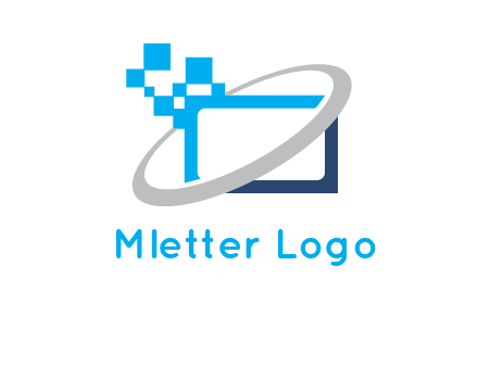 swoosh around the monitor with pixels logo