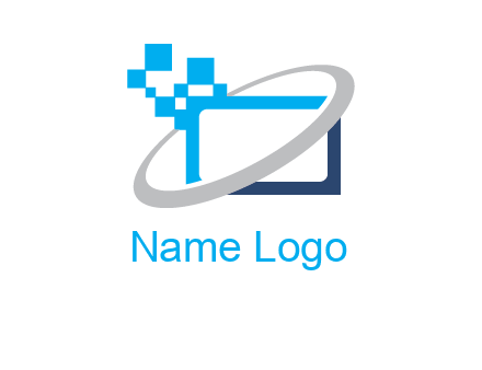swoosh around the monitor with pixels logo