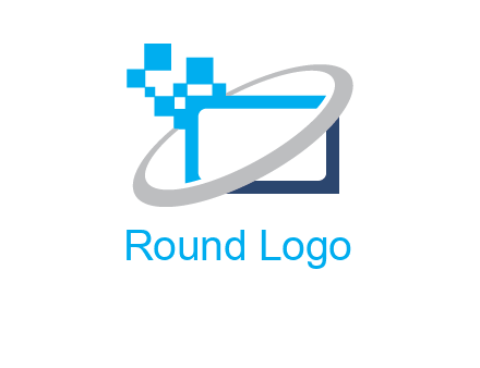 swoosh around the monitor with pixels logo