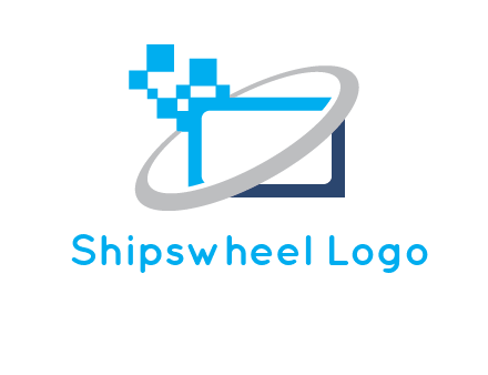 swoosh around the monitor with pixels logo