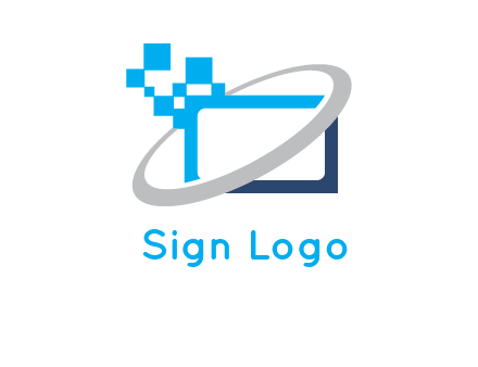 swoosh around the monitor with pixels logo