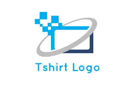 swoosh around the monitor with pixels logo