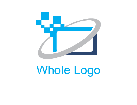 swoosh around the monitor with pixels logo