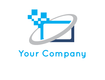 swoosh around the monitor with pixels logo