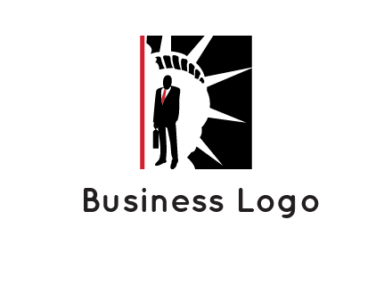 businessman standing in front of statue of liberty logo