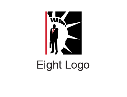 businessman standing in front of statue of liberty logo