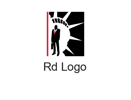 businessman standing in front of statue of liberty logo