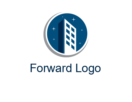 building with shining stars in circle with swoosh logo
