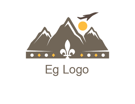 crown made of mountains with flying airplane logo