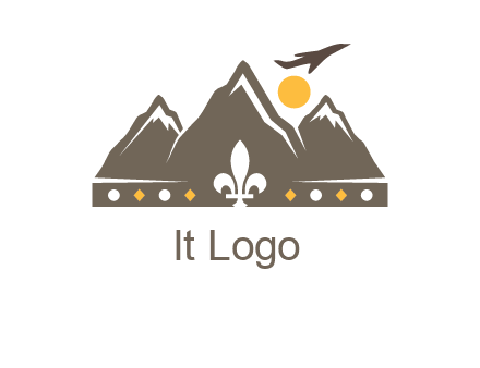 crown made of mountains with flying airplane logo