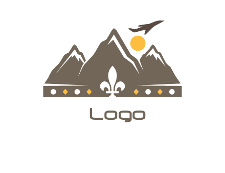 crown made of mountains with flying airplane logo