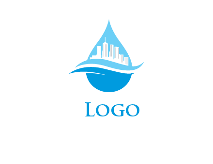 skyline inside water drop with waves logo