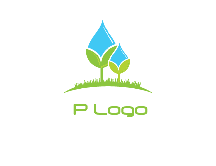 water drop merge with plant over grass logo