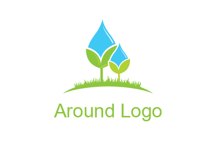 water drop merge with plant over grass logo