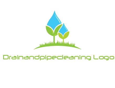 water drop merge with plant over grass logo