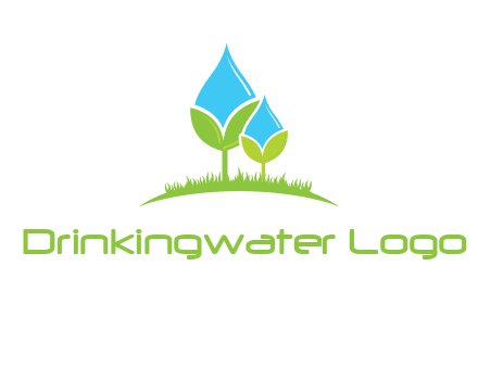 water drop merge with plant over grass logo