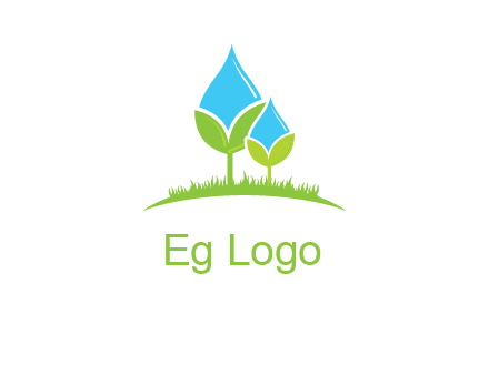 water drop merge with plant over grass logo