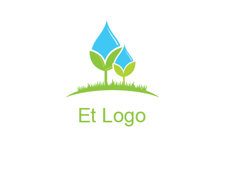 water drop merge with plant over grass logo