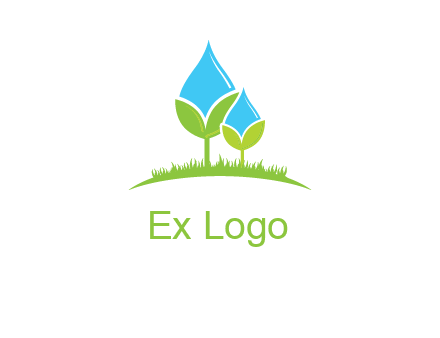 water drop merge with plant over grass logo