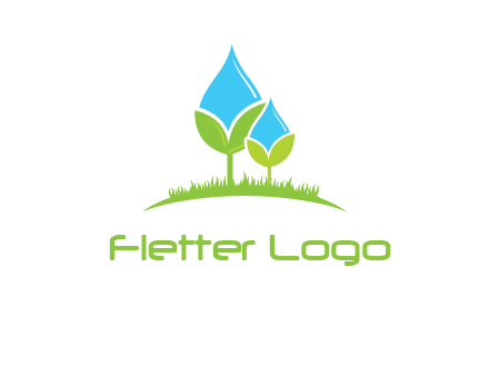 water drop merge with plant over grass logo